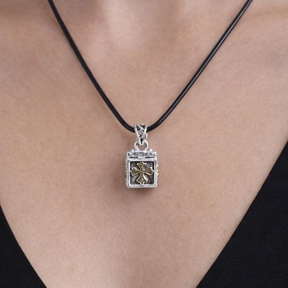 Vintage Prayer Box Necklace Cross Praying Hands Cube Pendant Black Cord